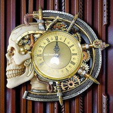 Steampunk Skull Wall Clock Gothic Ornament Sculpture Pagan Wiccan Home Decor