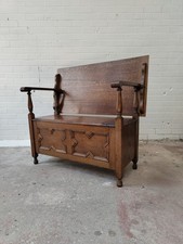 Antique Solid Oak Geometric Monks Bench