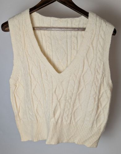 Cream knit vest large neck - knit,
