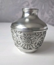 Selangor Pewter Vase Small 3" Carved Floral, VGC 