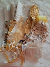 Yellow Gold Slow Stitch Bundle Vintage Linen Embroidery Lace Floss Scrap Craft