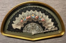 Vintage Mother Of Pearl & Handmade Lace Large Folding Hand Fan in frame 53cm