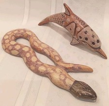 Vintage Pair Carved Stone Animals Hand Painted Signed Dolphin + Snake