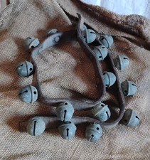 Antique Sleigh Bells 17 Petal Bells 1" Aged Leather Strap 35" Primitive Rustic