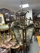 Large Antique Heavy French Brass & Etched Glass Hall Porch Ceiling Lantern