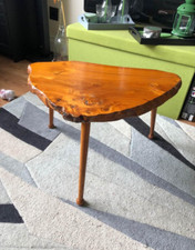 Vintage midcentury live edges wooden three leg slab coffee table/end table small