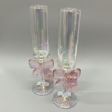 Champagne Flutes Glasses Pink Bow Cocktail Barware Home Bar Cart Pastel Set of 2