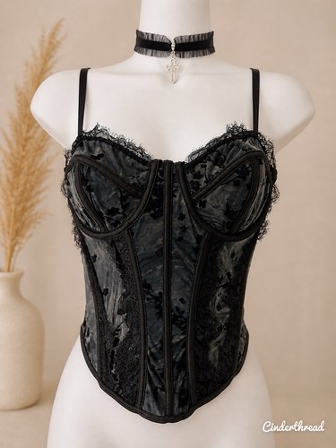 Black velvet floral corset - black,