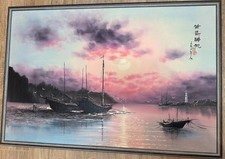 Original Oil Painting Seascape Sunset with Lighthouse&Boats Framed Wall Art95x65