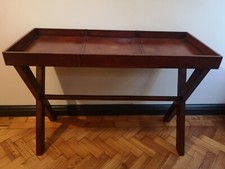 Real leather dark brown console hallway dining room colonial vintage butler tray