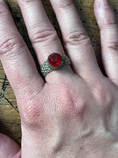 Vintage white metal red glass Kuchi Afghan tribal decorated ring UK size Q