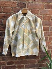 Vintage 70s  Cream Orange Brown Checked Dagger Collar Shirt Pit to Pit 18.5"