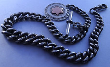 Antique chunky 76g solid silver pocket watch albert chain w/ silver & gold fob