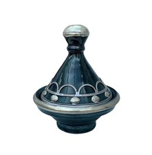 Vintage Moroccan Green Pottery & Metal Accents Small Tagine