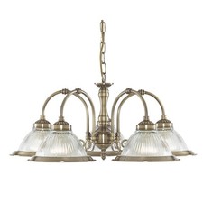 5 Lights Antique Brass Frame Ceiling Fitting Pendant with Ribbed Glass Shades