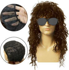 Men's Wig 80's 90's Rock Star Long Brown Hair Rocker Hippy Fancy Dress Halloween