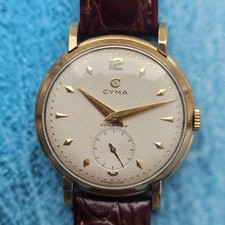 Vintage 9k Solid Gold Cyma Hand-Winding Men's Wristwatch Honeycomb Dial