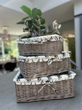 Shallow Wicker Storage Baskets with Stag Deer White Liner Kitchen Tidy Garden