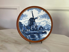 Round Blue & White Windmill Tile Wall Hanging/Pot Stand in Wooden Mount
