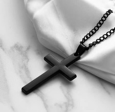 Unisex Chain Necklace Black Cross Stainless Steel Pendant Rosary Jesus Men's UK 