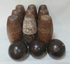 Antique Vintage Set Of Nine Pin Wooden Pub Garden Skittles Game 3 Balls