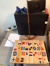Vintage Boat Signal Flags With Wooden Flagpole & Rigging Strings