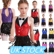 UK Girls Latin Jazz Dance Costume Fringe Samba Dress Sequins Tassel Leotard