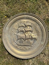 Vintage Large Embossed Brass Wall Plate Ship Galleon Gold Plaque