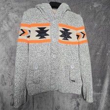 Superdry Cardigan Womens Large Grey Cowichan Wool Nordic Eagle Aztec Alpaca Hood