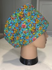 Vibrant Blue Floral 100% cotton theatre scrub hat/cap-nurse/surgeon/satin lining