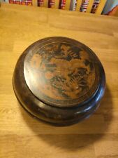 Large Antique Chinese Papier Mache Hand Painted Fu Dog Crane Circular Box