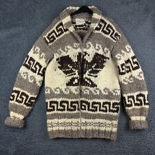 Vtg Cowichan Indian Cardigan Large Hand Knit Spun Wool Thunder Bird Aztec 80s