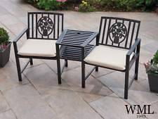 Metal Duo Garden Bench and Table with Rose Design Backrests