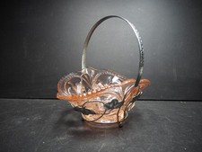 Vintage Art Deco Bagley? Pink-ish Glass Bowl with Chrome Metal Basket Leaves