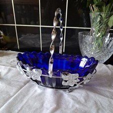 Vintage Retro Cobalt Blue Glass Bowl in a Chrome Metal Leaf Basket fruit basket