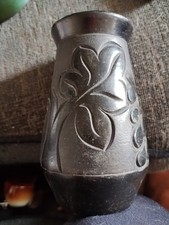 Possibly German Matt Black Small Vase with Embossed  Floral Design 13cm Tall