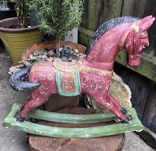 Vintage Anglo Indian Rajasthan carved wood rocking horse hand painted 18" high