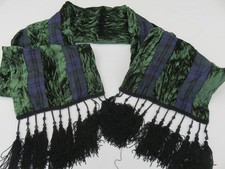 ECCENTRIC BOTTLE GREEN CRUSHED VELVET SCARF DOWNTON ABBEY BLACK BEADED TASSELLS