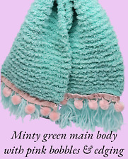Girl's baby short minty green and pink bobbles soft & cosy wool scarf, Handmade
