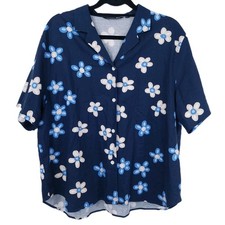Marimekko x Uniqlo Floral Button Top Womens Size XL Navy Boxy Linen Cotton Shirt