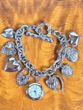 Vintage KIRKS FOLLY Silver Hearts Clock Watch & Charm Bracelet 7.5"