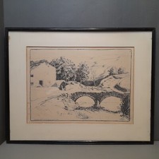 Vintage Art Wycoller Old Packhorse Bridge & Hall Brontë Way c.1930 Pen Drawing