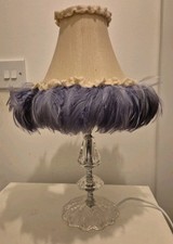 Vintage Table Lamp Feathers Shade Medium 16" Blue Feathers , Crystal Base 