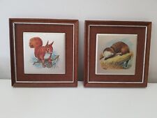 Vintage Metal Tile Picture Otter & Red Squirrel John Heaton 17cm