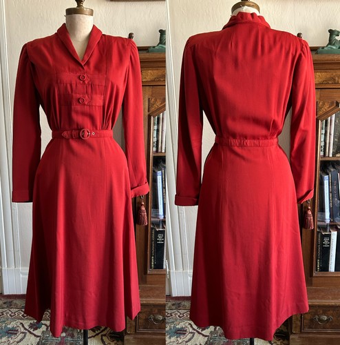Vintage 1940s red belted dress - vintage,
