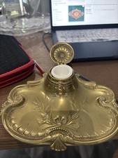 Vintage brass Art Nouveau  inkwell with Ceramic ink pot