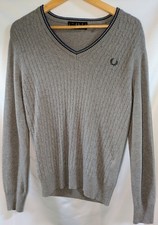 Fred Perry Made in Italy Cable Knit Jumper Wool Cashmere Blend Small Grey