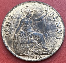 1919 Penny - George V British Bronze Coin - Very Nice with Lustre 