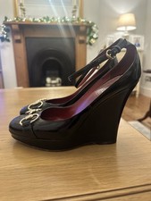 Gucci Patent Leather Horsebit Black Wedges Shoes Heels Size UK 5 EU 38