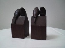 Art Deco carved wood budgie parakeet bird bookends signed Pelissier